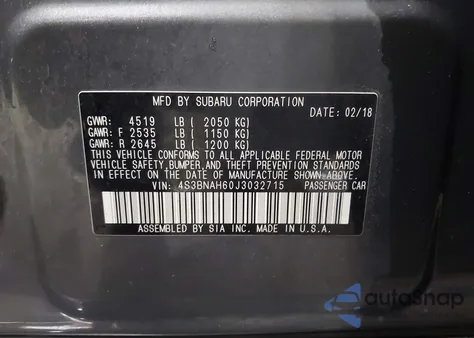 2018 Subaru Legacy 2.5I Premium z USA, uszkodzony, nr VIN 4S3BNAH60J3032715